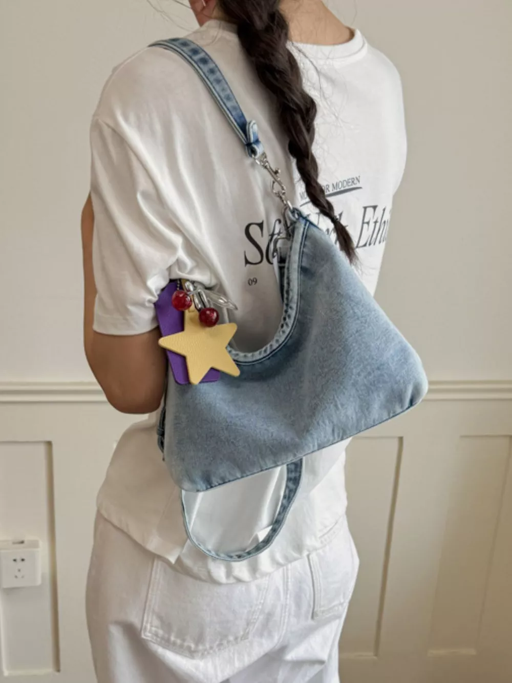 Star Charm Denim Shoulder Bag, image 8