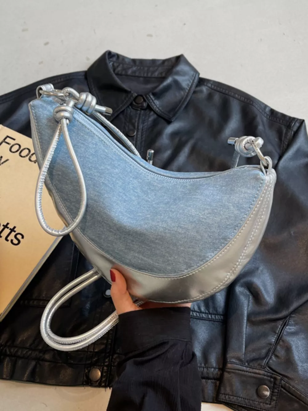 Denim Crescent Hobo Crossbody Bag, image 2