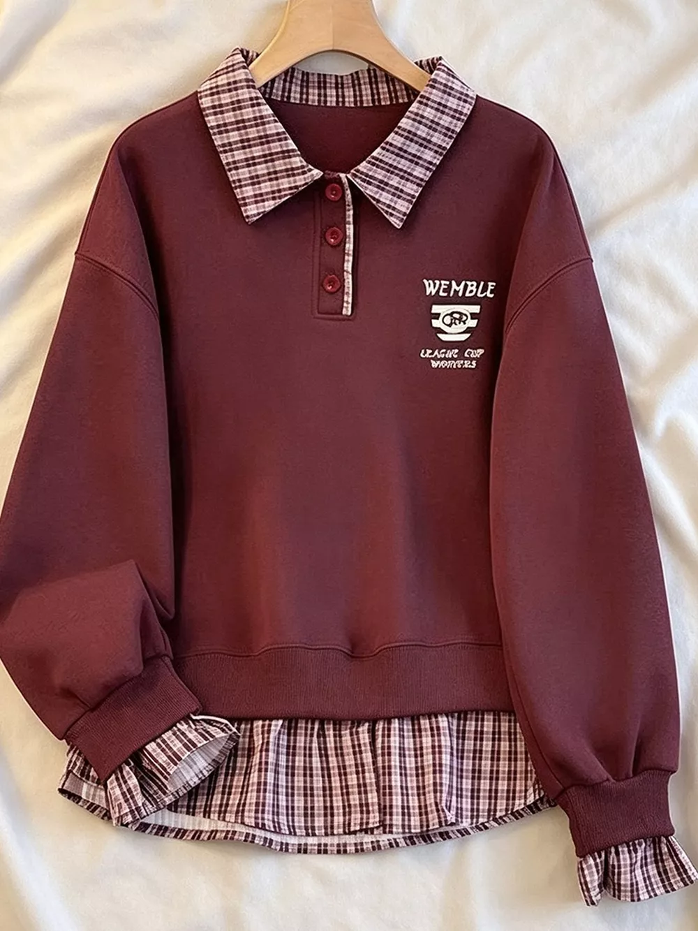 Plaid Collared Faux-Layered Hem Sweatshirt, image 2