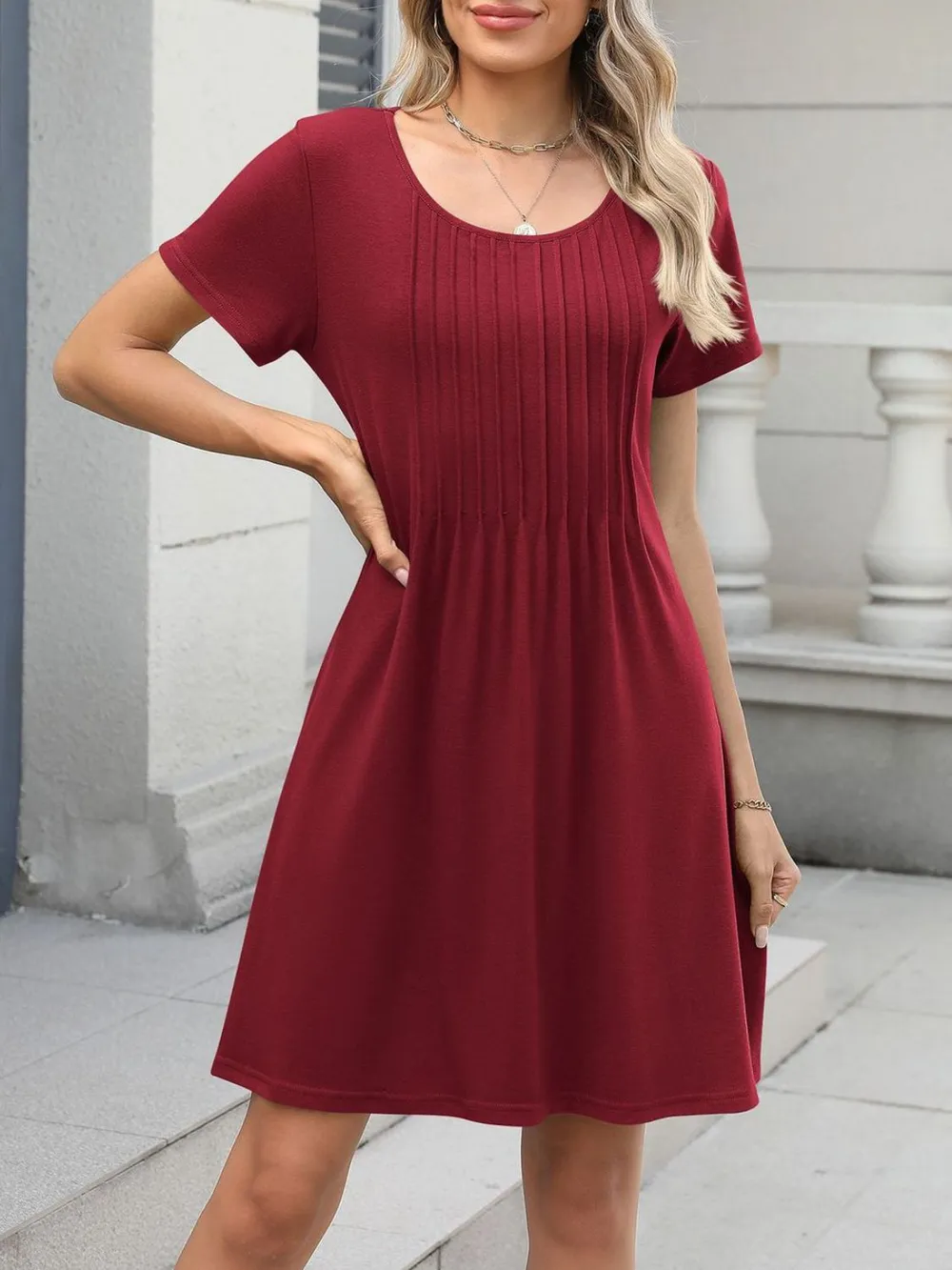 Pleated Front Round Neck Swing Dress, image 6