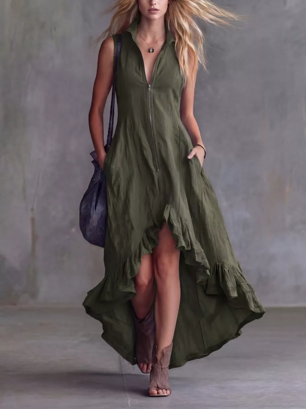 Full Size High-Low Ruffled Zip Front Dress Plus Size, image 5