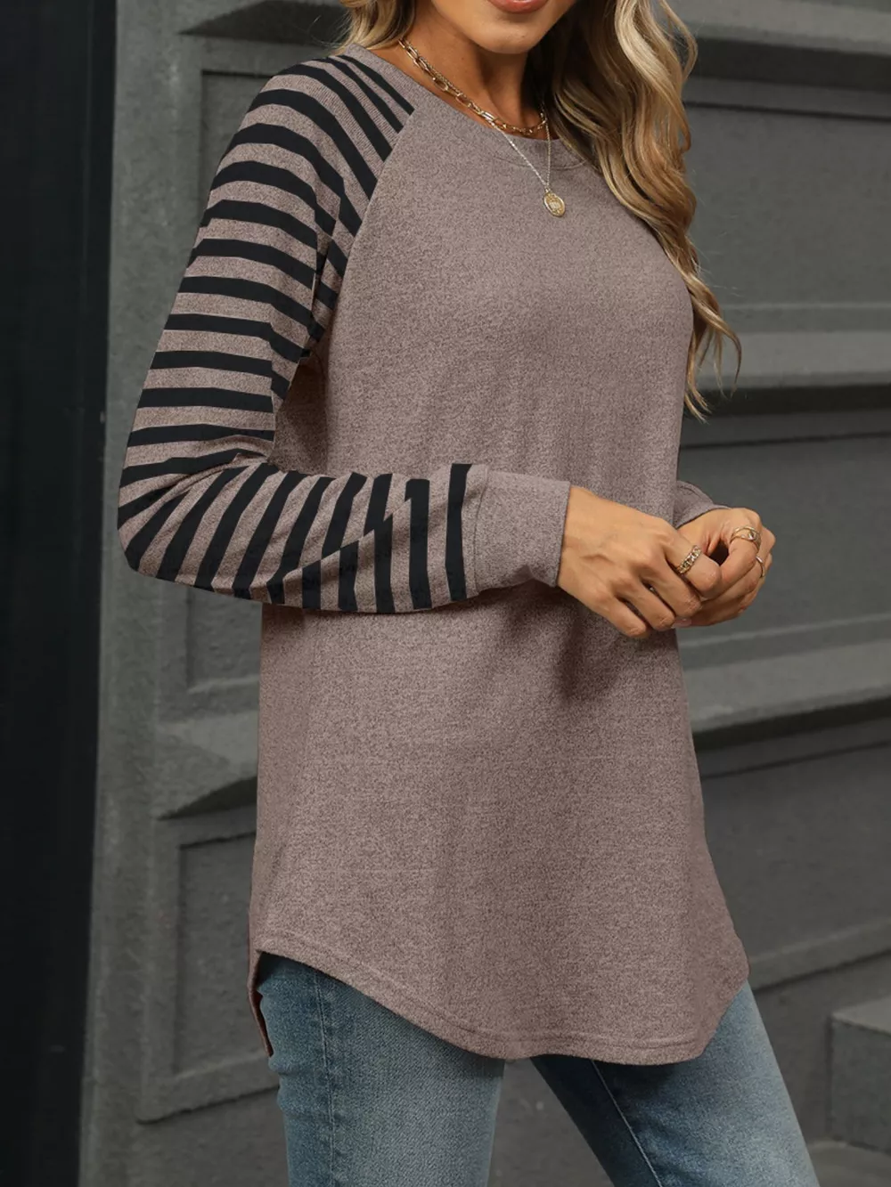 Striped Round Neck Raglan Sleeve T-Shirt, image 15