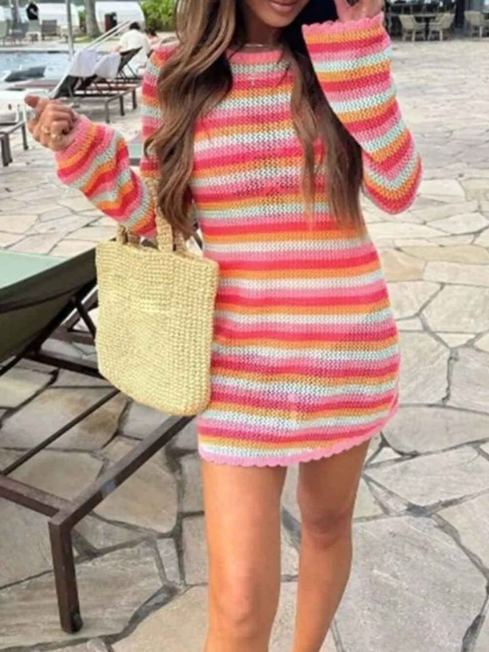 Striped Long Sleeve Crochet Knit Dress, image 4
