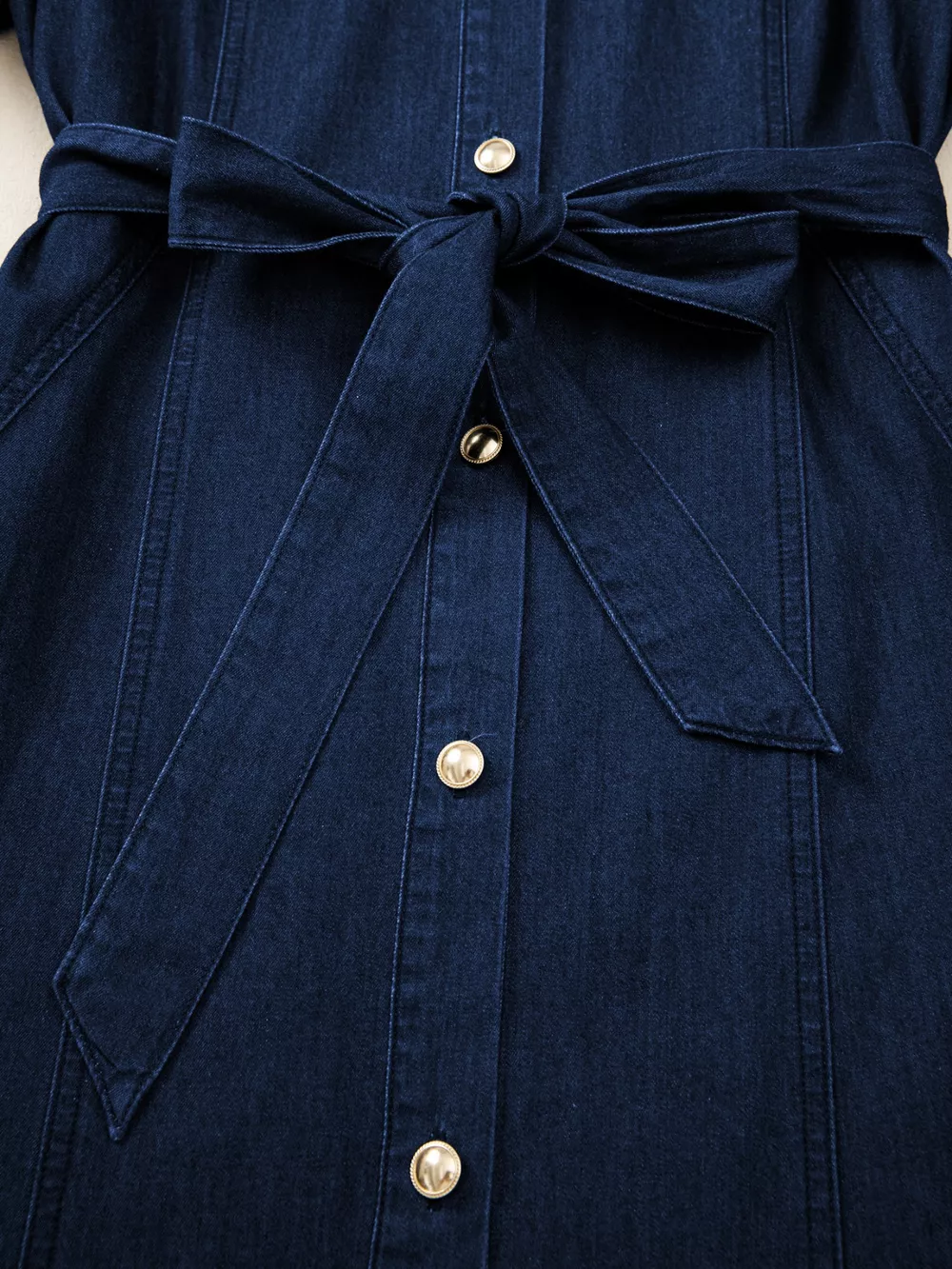 Belted Button-Down Midi Denim Dress, image 8
