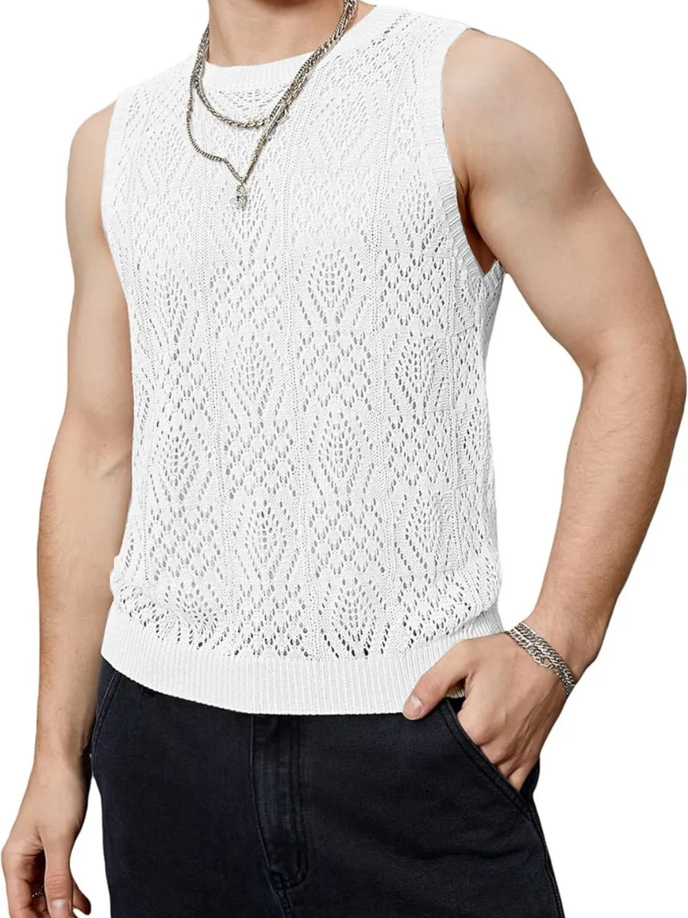 Men's Openwork Round Neck Tank, image 3