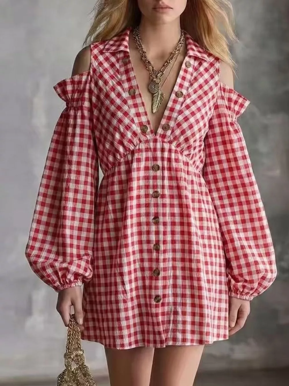 Gingham Cold-Shoulder Mini Dress, image 7