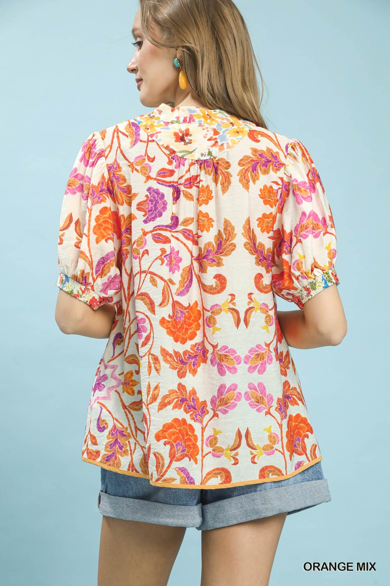Mix Floral Split-Neck Short Sleeve Top, image 3