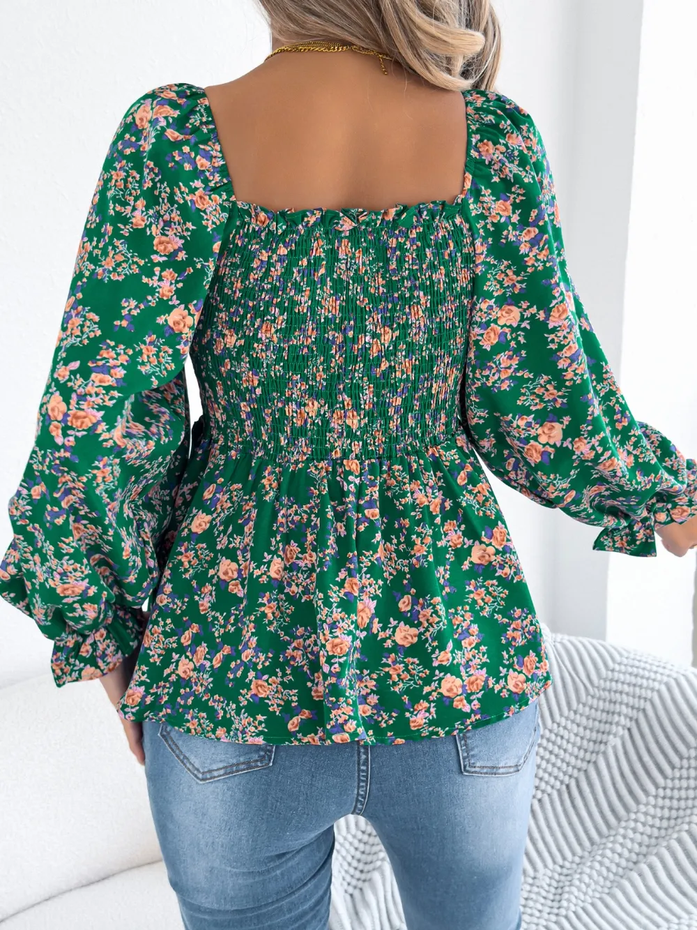 Floral Square Neck Flounce Sleeve Blouse, image 8