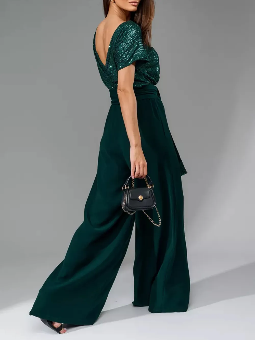 Full Size Sequin Round Neck Short Sleeve Wide Leg Jumpsuit, image 7