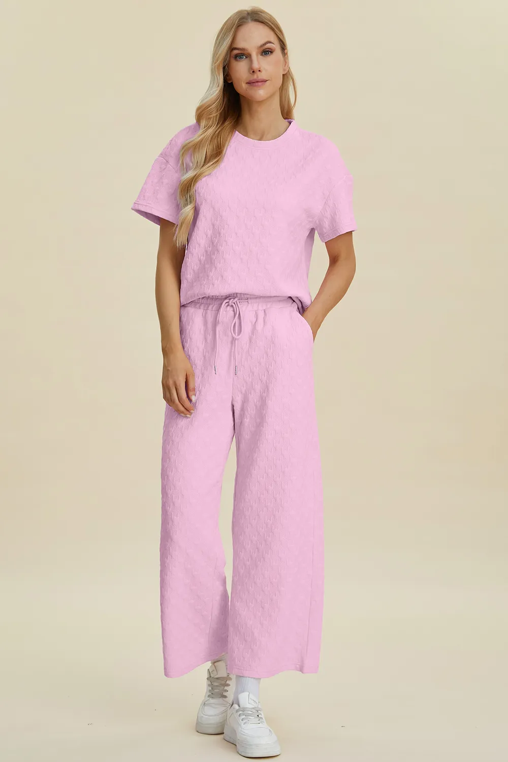 Full Size Texture Round Neck Short Sleeve Top and Pants Set, image 8