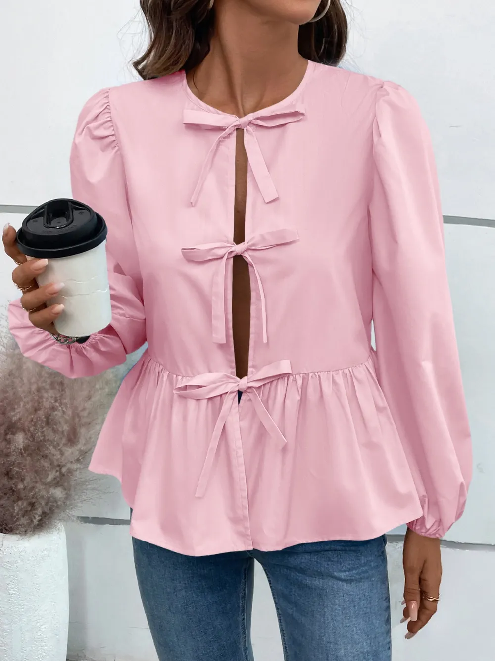 Peplum Tied Long Sleeve Blouse, image 15