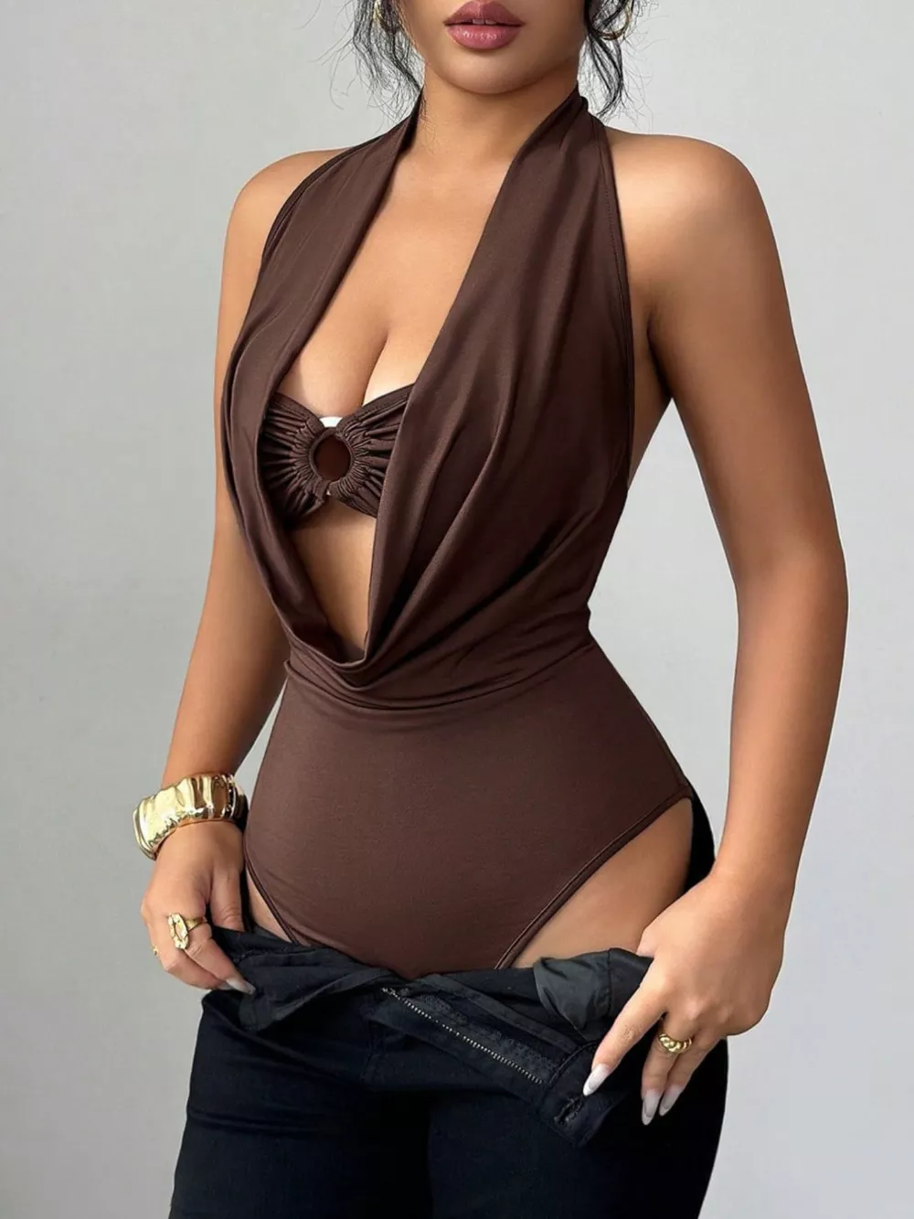 Halter Neck Ruched Ring Detail Bodysuit, image 2