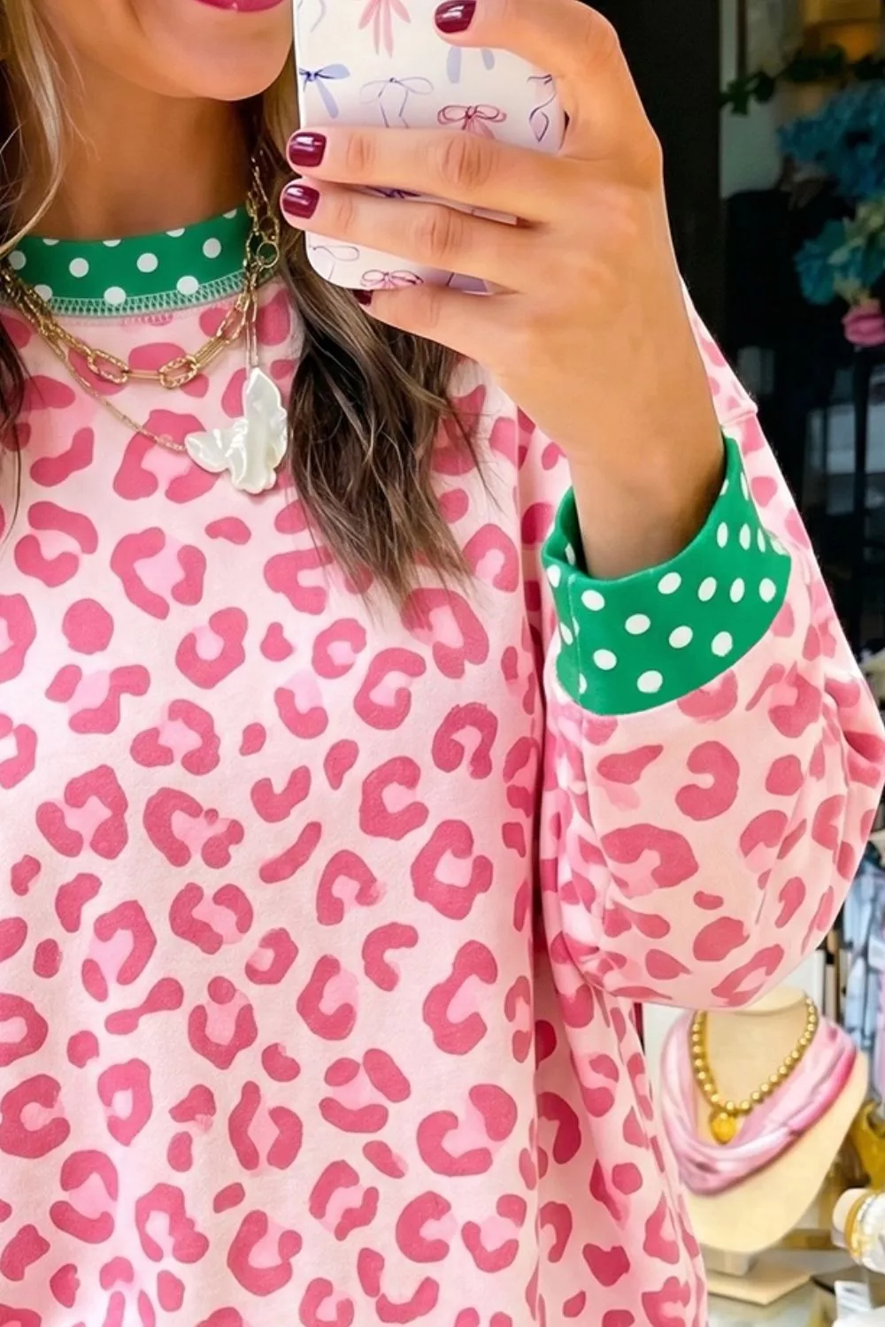 Leopard Polka Dot Trim Round Neck Sweatshirt, image 2