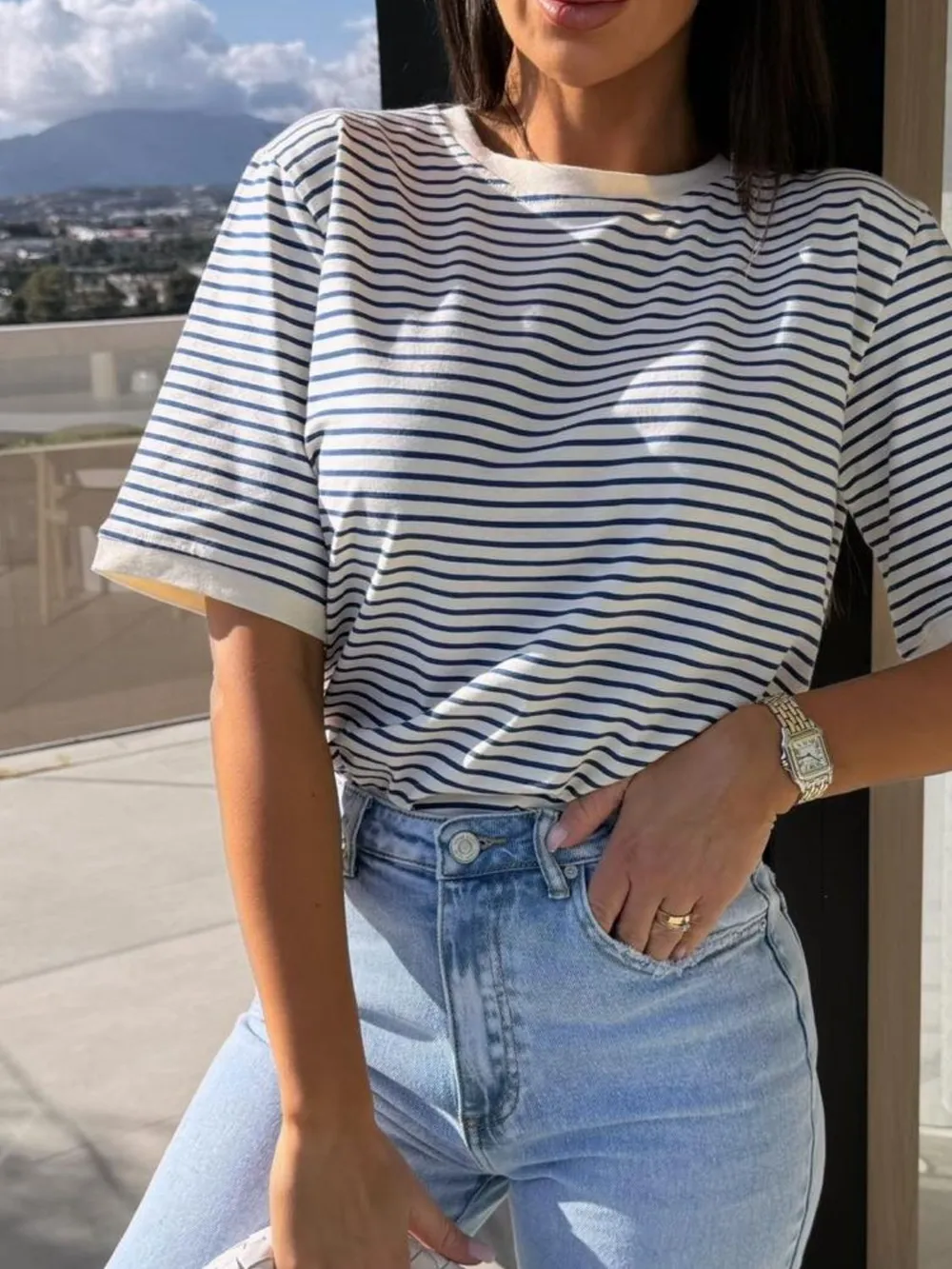 Striped Round Neck Short Sleeve T-Shirt, image 9