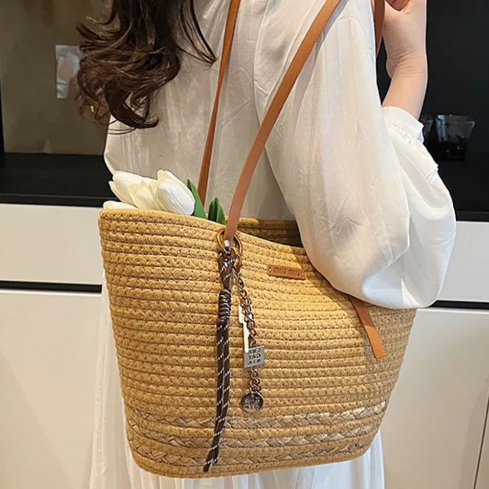 Woven Straw Tote Handbag with Leather Straps, image 3