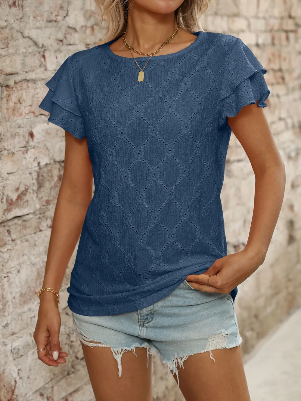 Eyelet Round Neck Double Layered Ruffled Short Sleeve Top, image 14