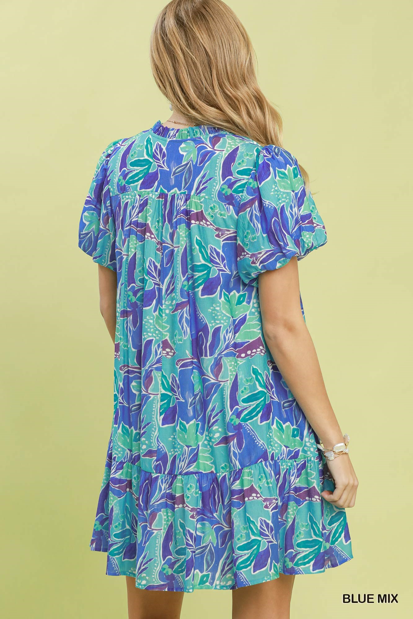 Tropical Floral Puff Sleeve Tiered Mini Dress, image 3