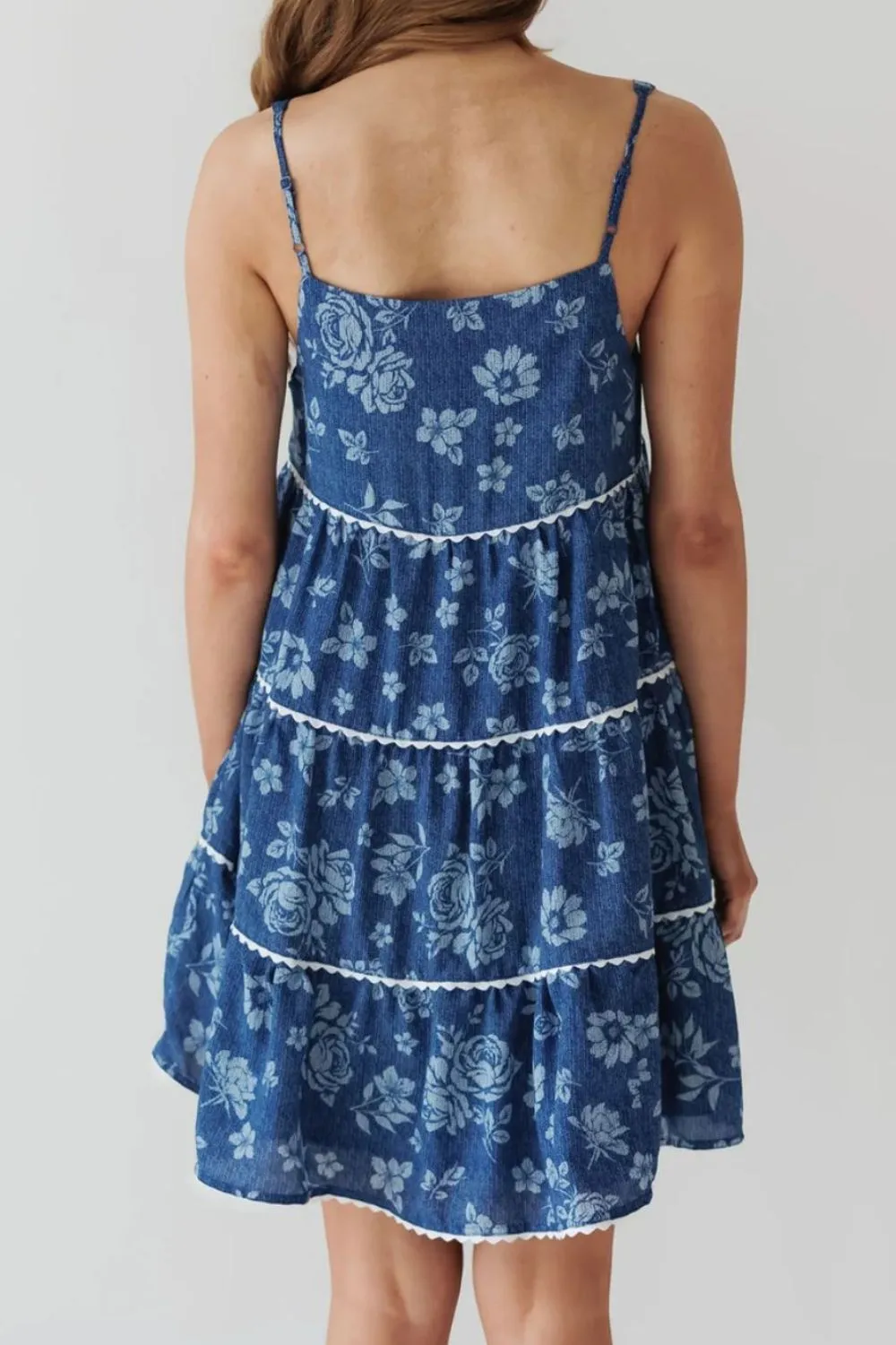 Floral Tiered Square Neck Denim Dress, image 4