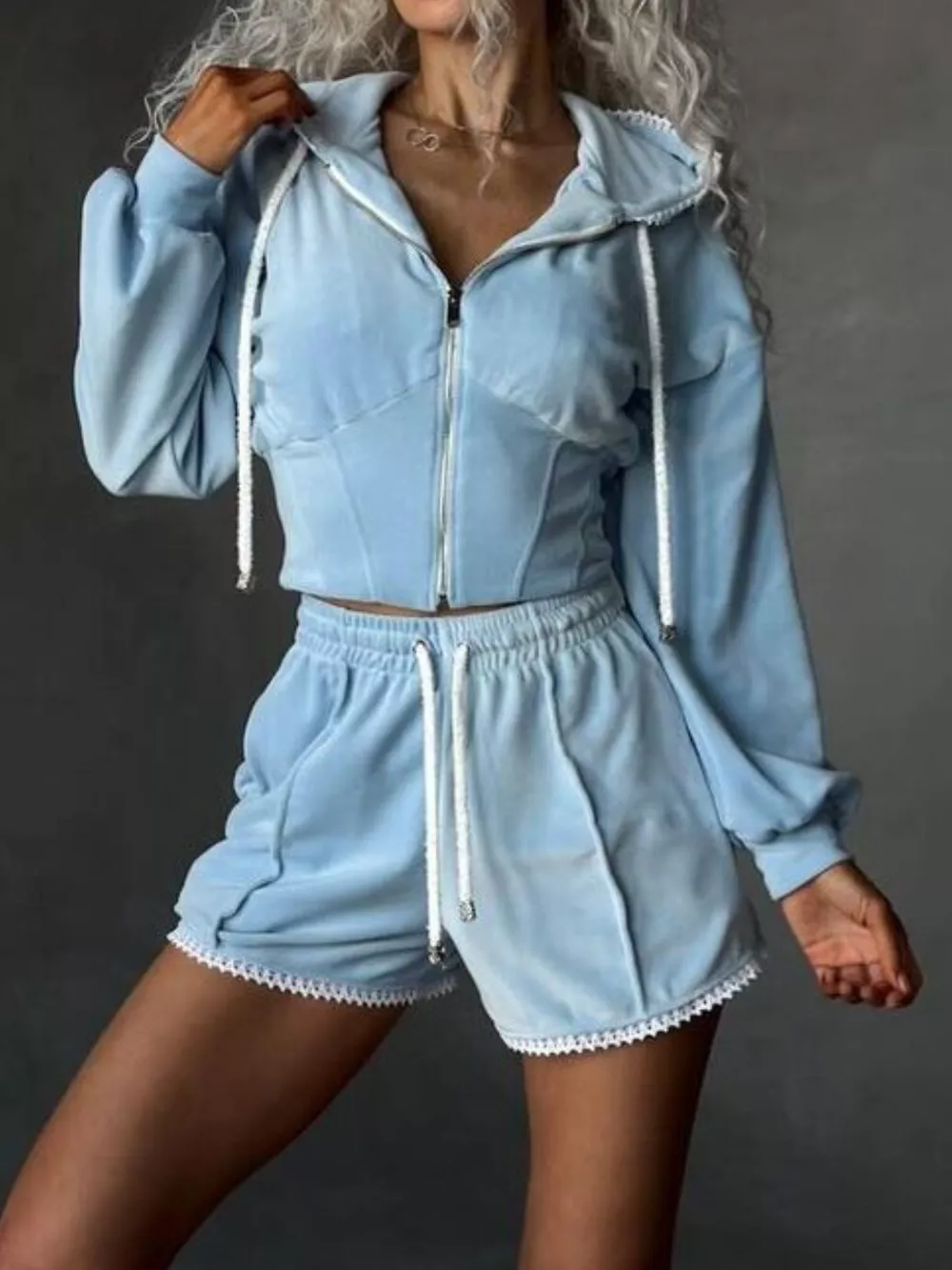 Drawstring Zip-Up Hoodie and Shorts Set, image 11