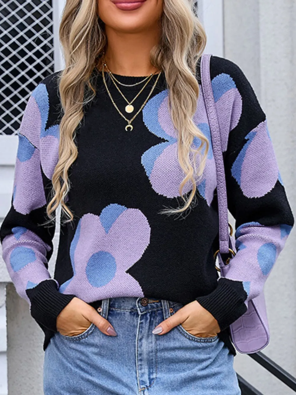 Flower Round Neck Long Sleeve Sweater, image 7