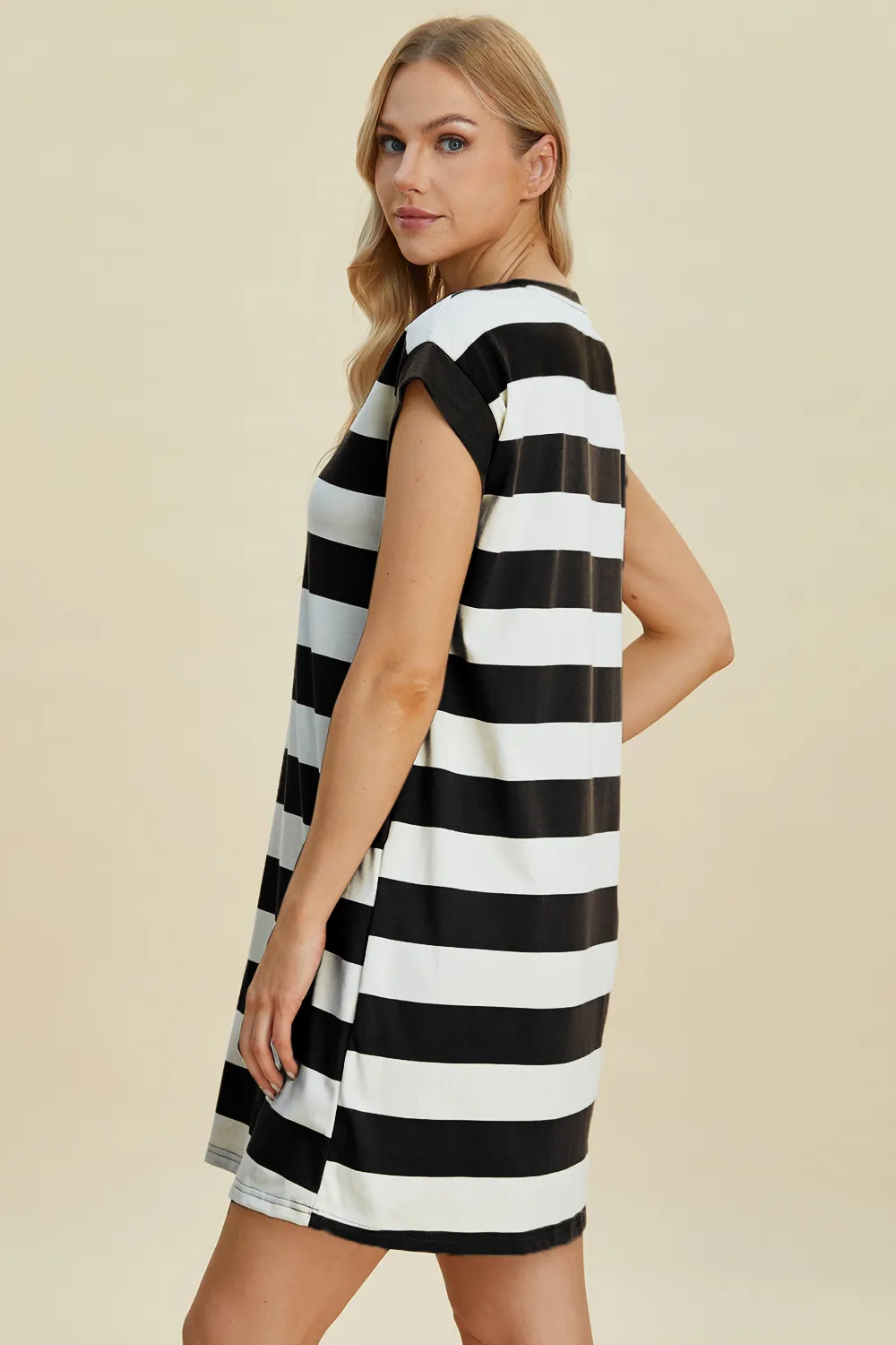 Full Size Striped Round Neck Cap Sleeve Mini Dress, image 12