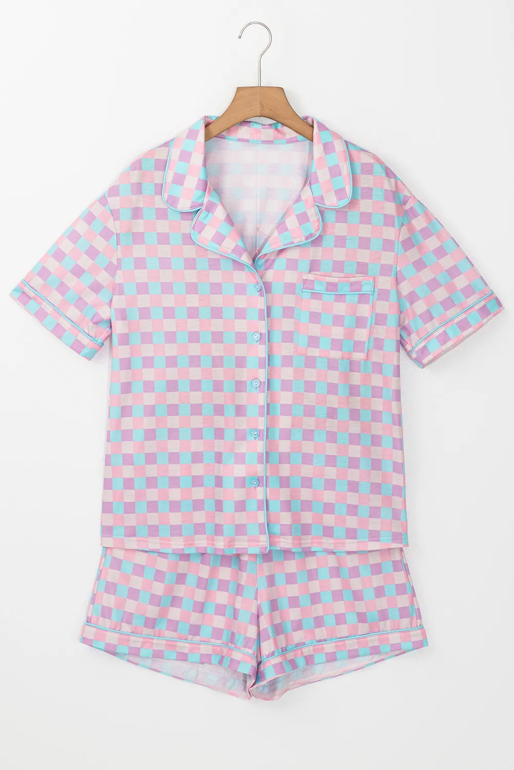Plaid Collared Neck Short Sleeve Top and Shorts Lounge Set, image 3