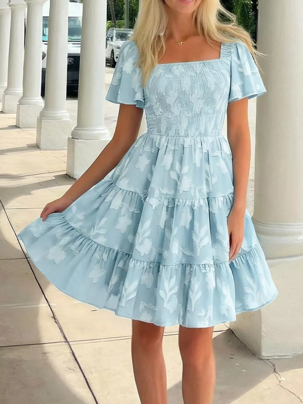 Smocked Square Neck Tiered Mini Dress, image 5