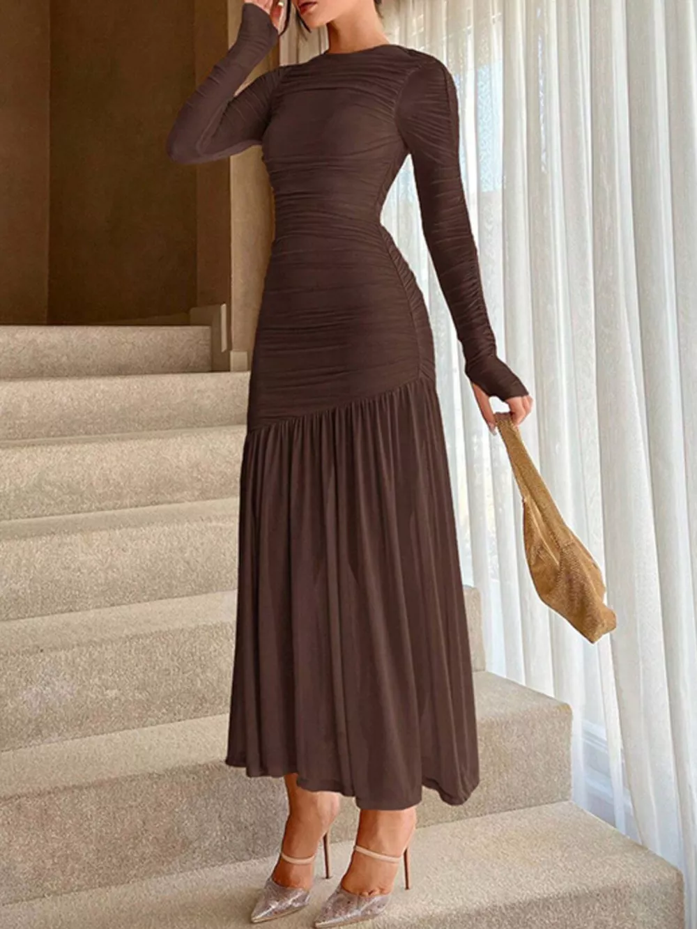 Ruched Long Sleeve Bodycon Midi Dress, image 13