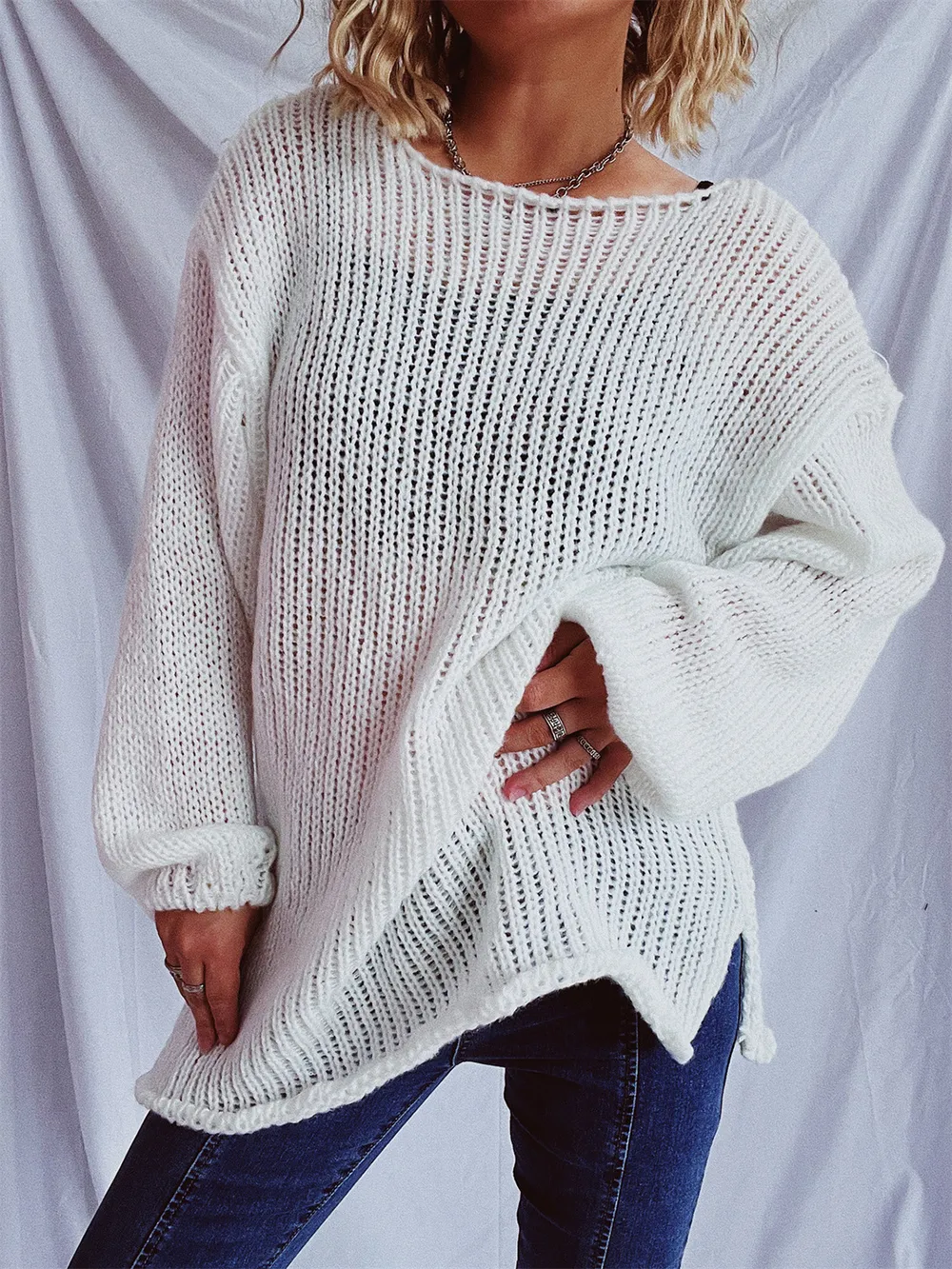 Boat Neck Dropped Shoulder Sweater, image 2