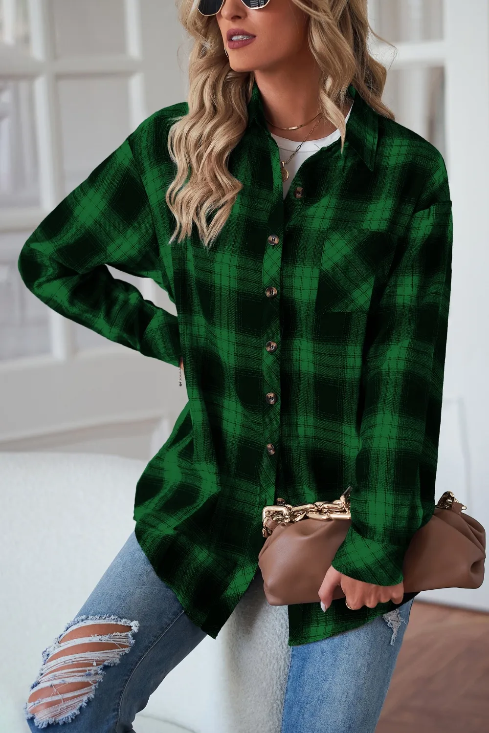Plaid Button Up Dropped Shoulder Outerwear, image 16