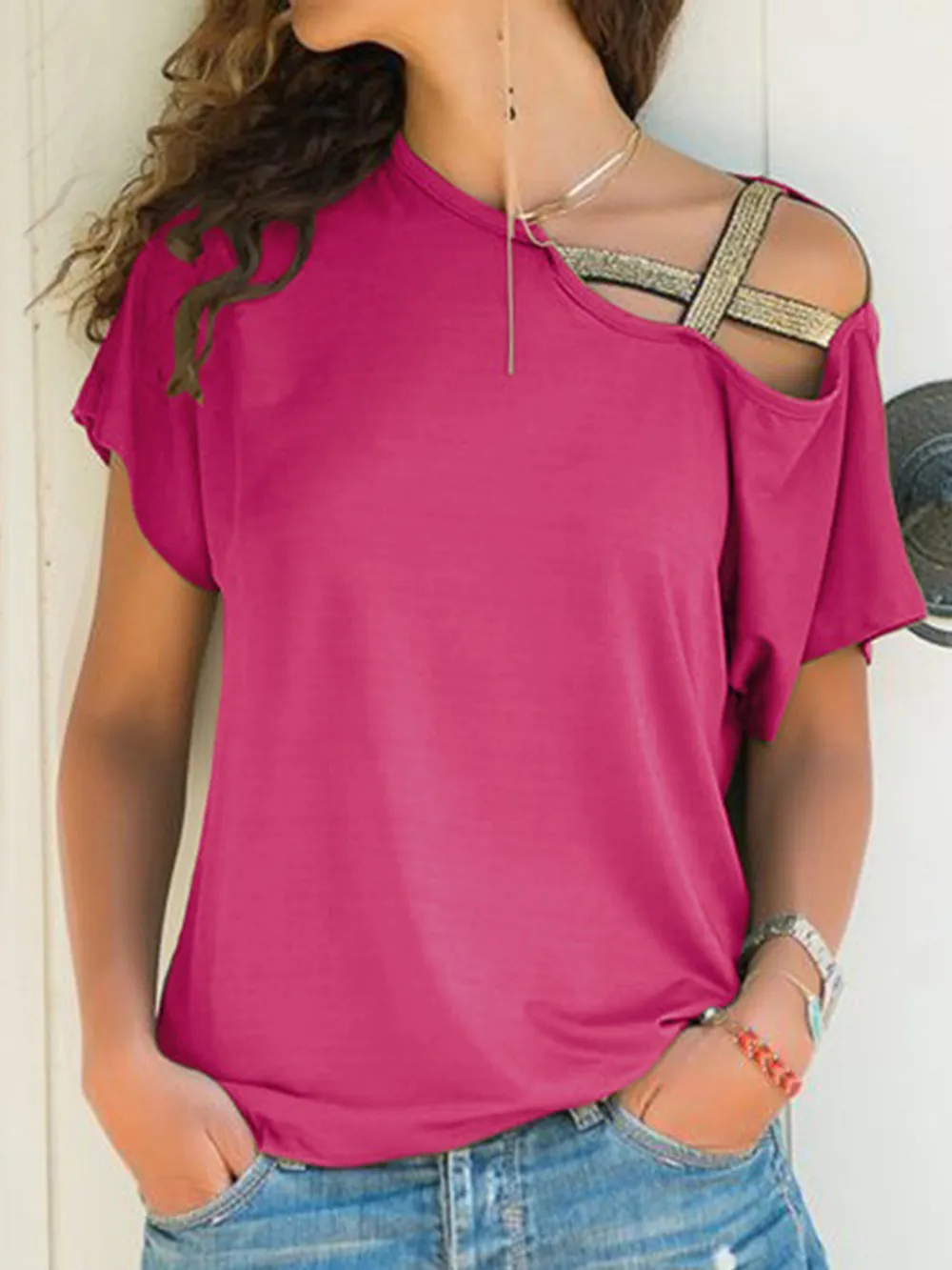 Asymmetrical Neck Short Sleeve T-Shirt, image 7