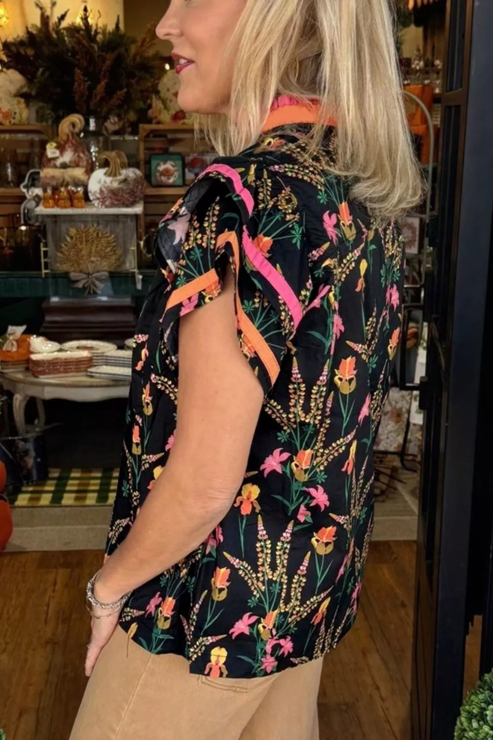 Floral Print Contrast Trim Tiered Ruffled Short Sleeve Blouse, image 3