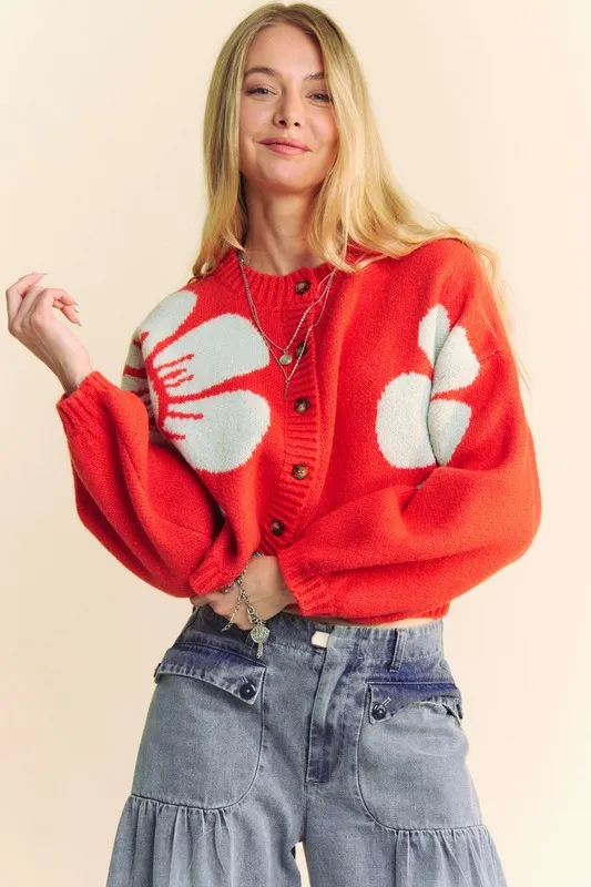 Flower Contrast Round Neck Long Sleeve Cardigan, image 4