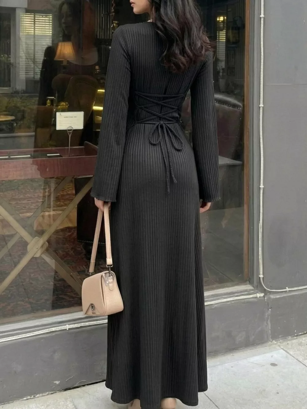 Elegant Ribbed Knit Long Sleeve Maxi Dress, image 6