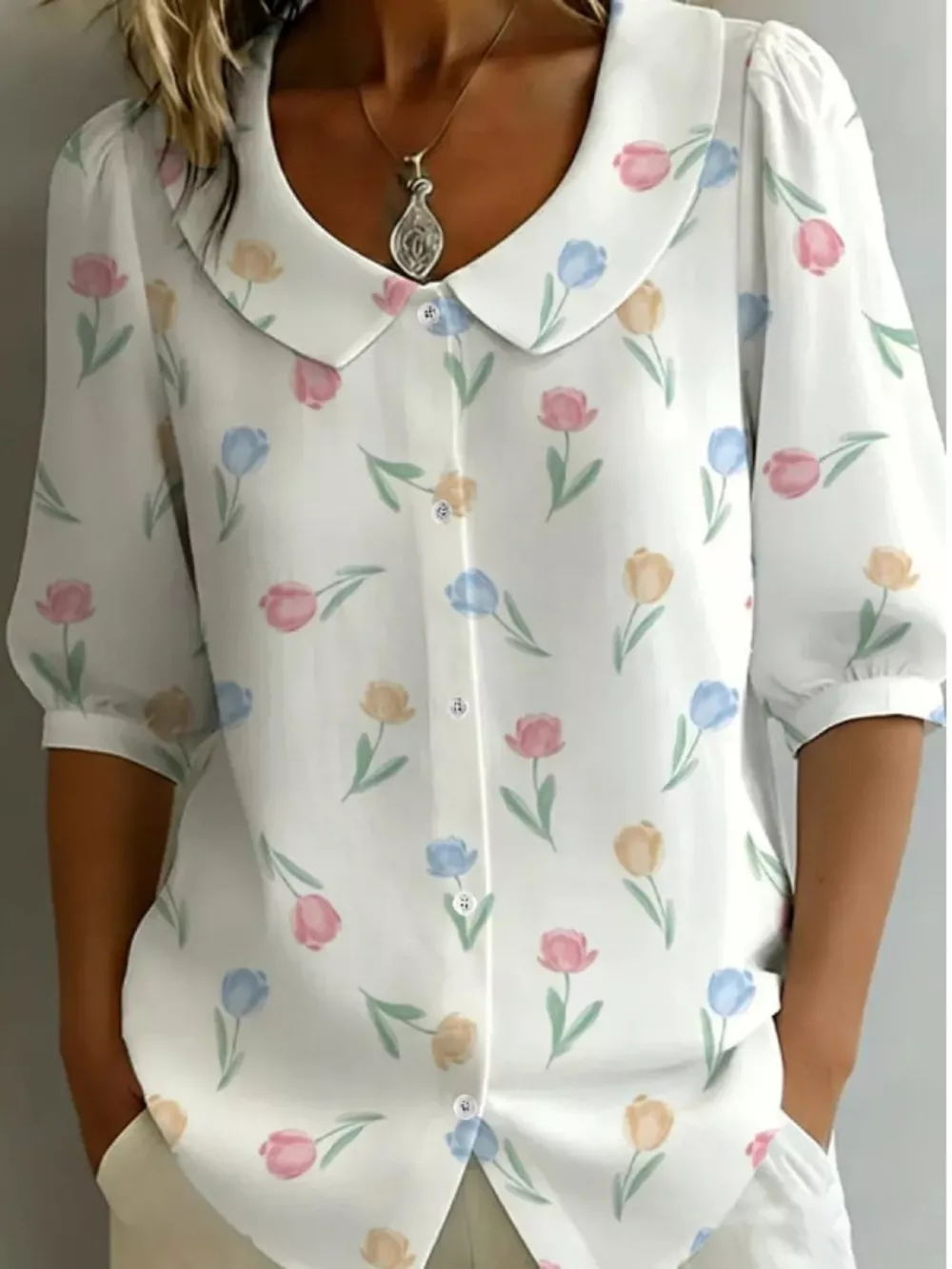 Floral Print Peter Pan Collar Shirt, image 5