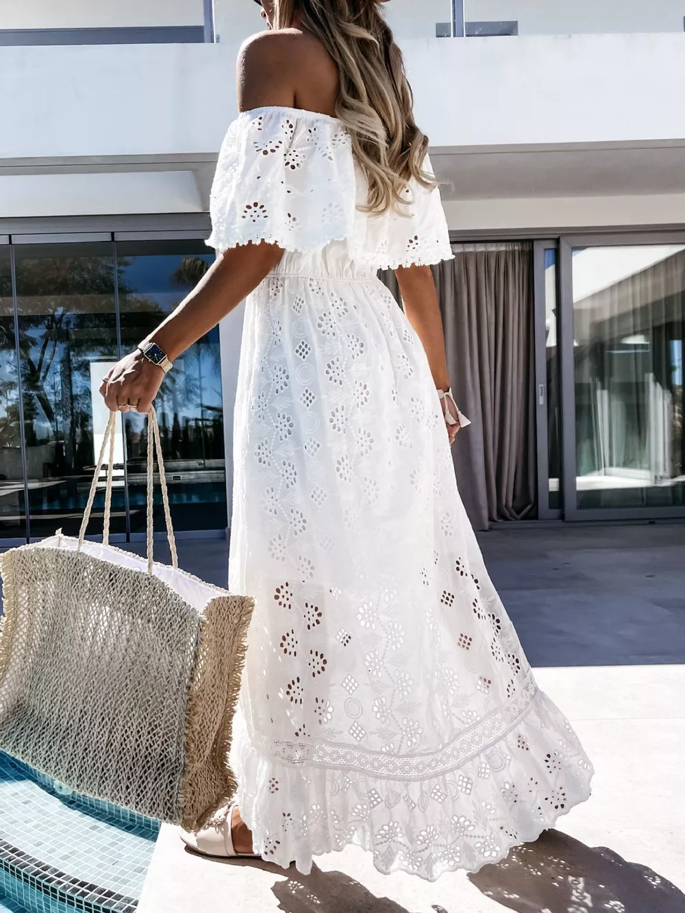 Off-Shoulder Eyelet Lace High-Low Maxi Dress, image 7