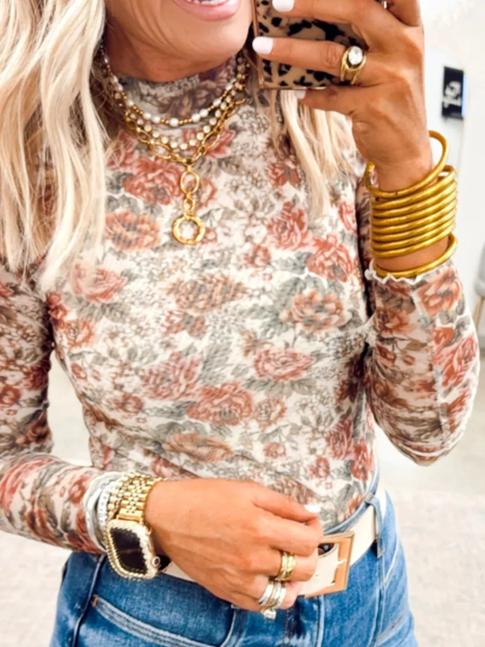 Floral Print Mesh Long Sleeve Top, image 2