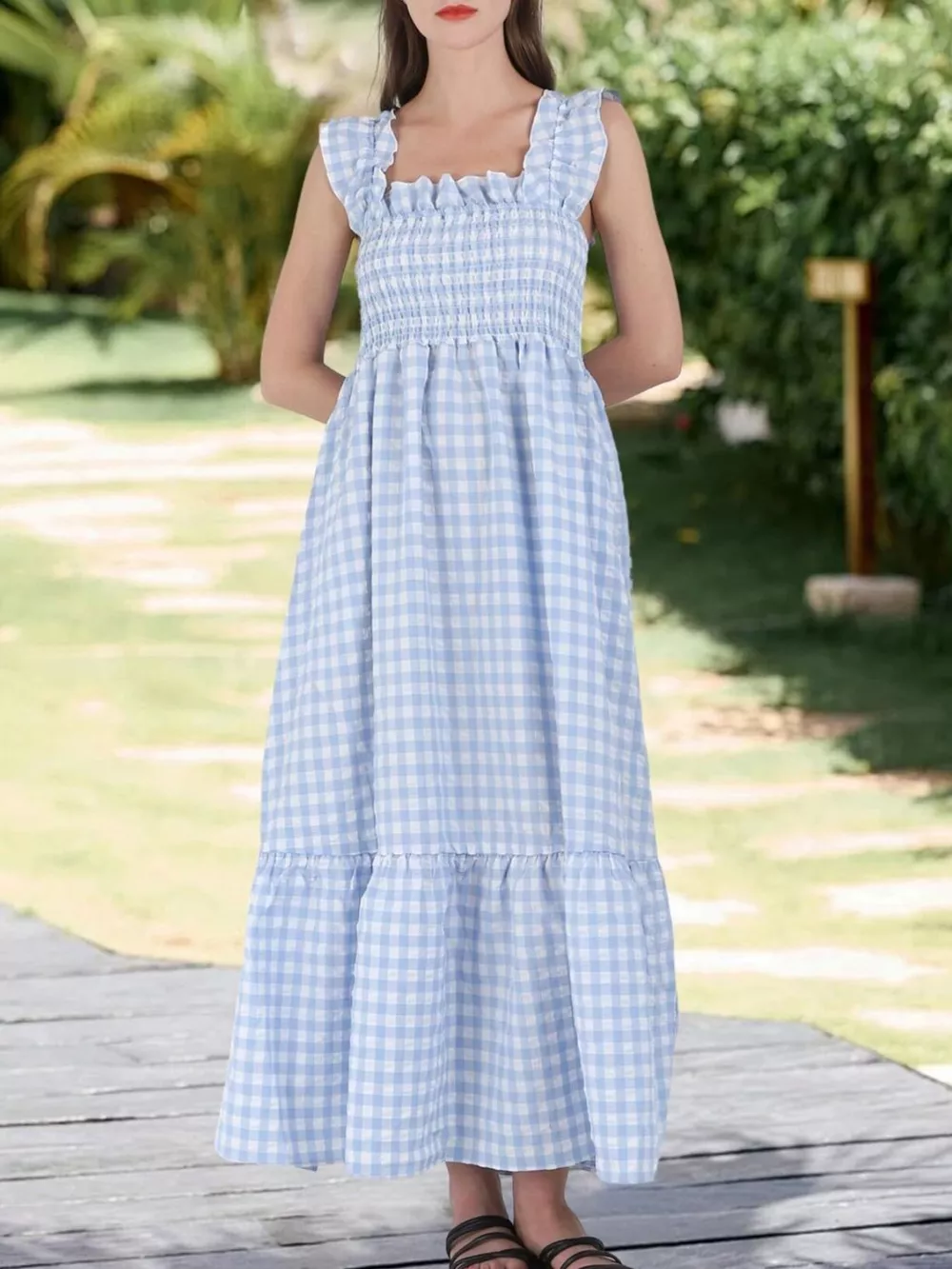 Ruffled Sleeveless Gingham Midi Dress, image 6