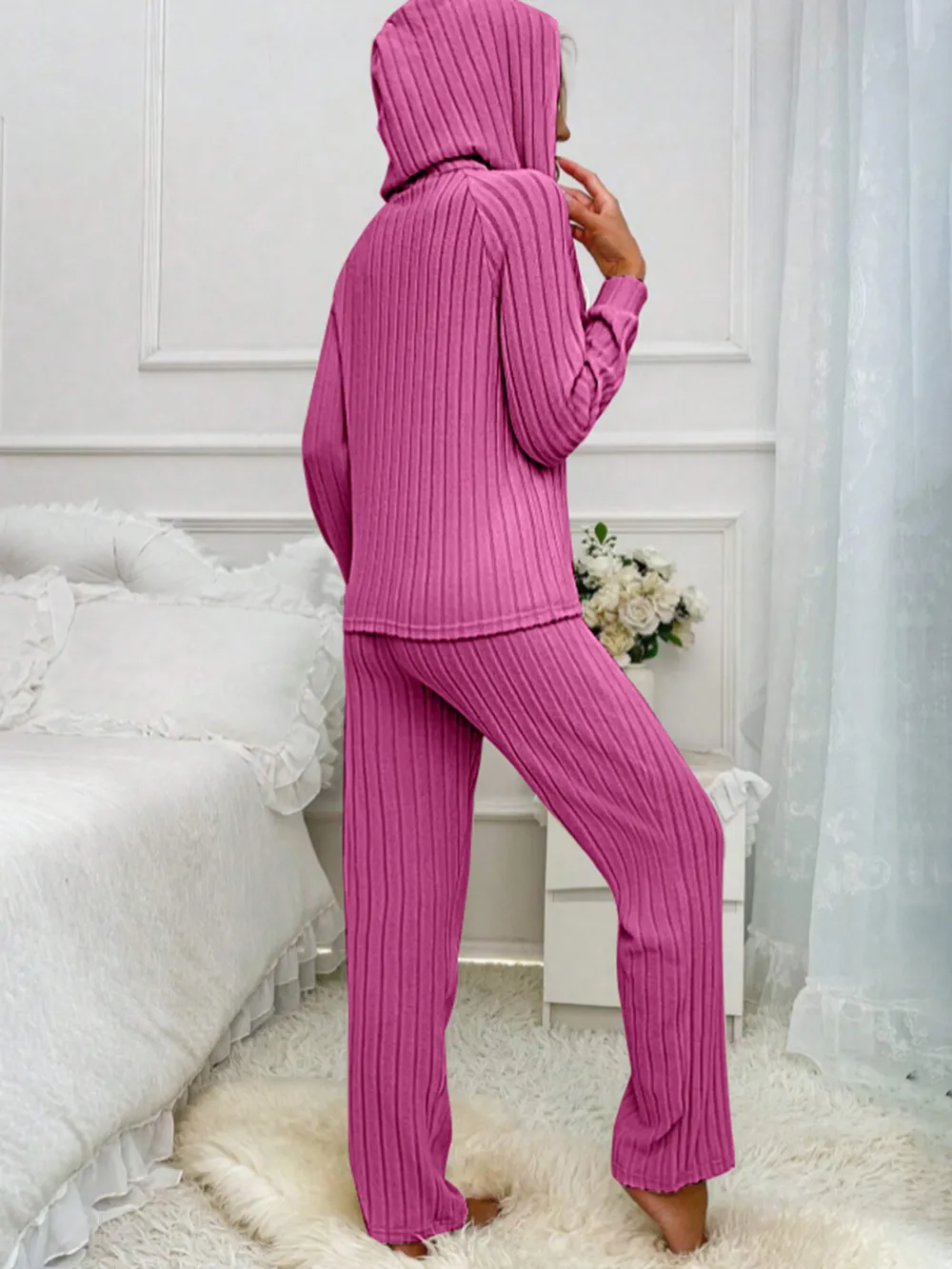 Drawstring Half Button Hooded Top and Ribbed Pants Set, image 11