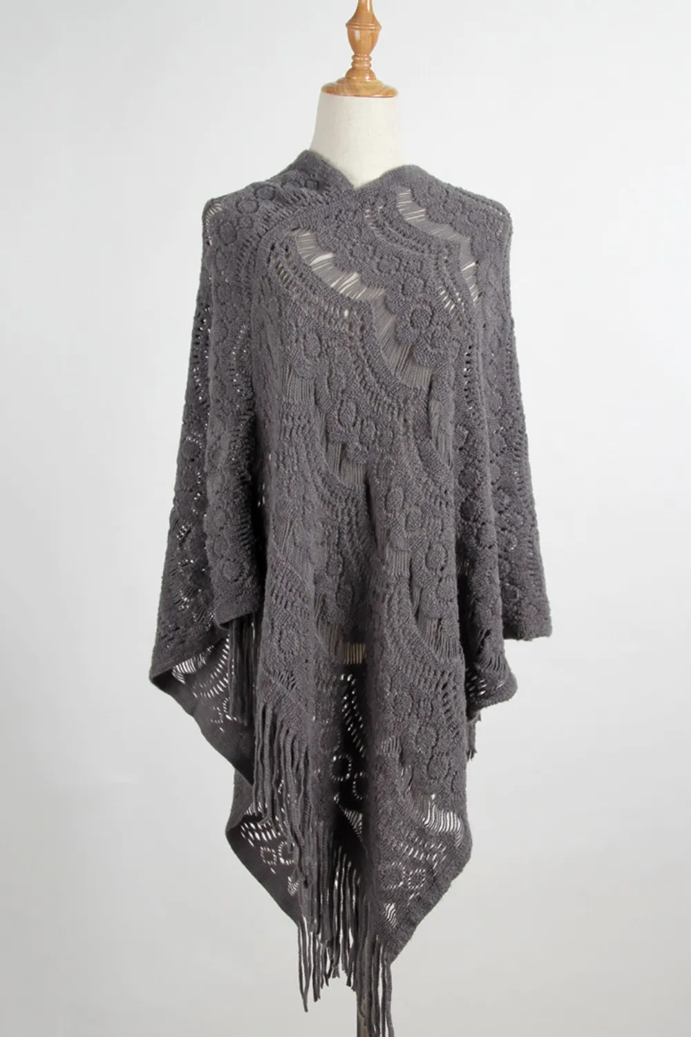 Fringe Openwork Surplice Cape Sleeve Poncho, image 2