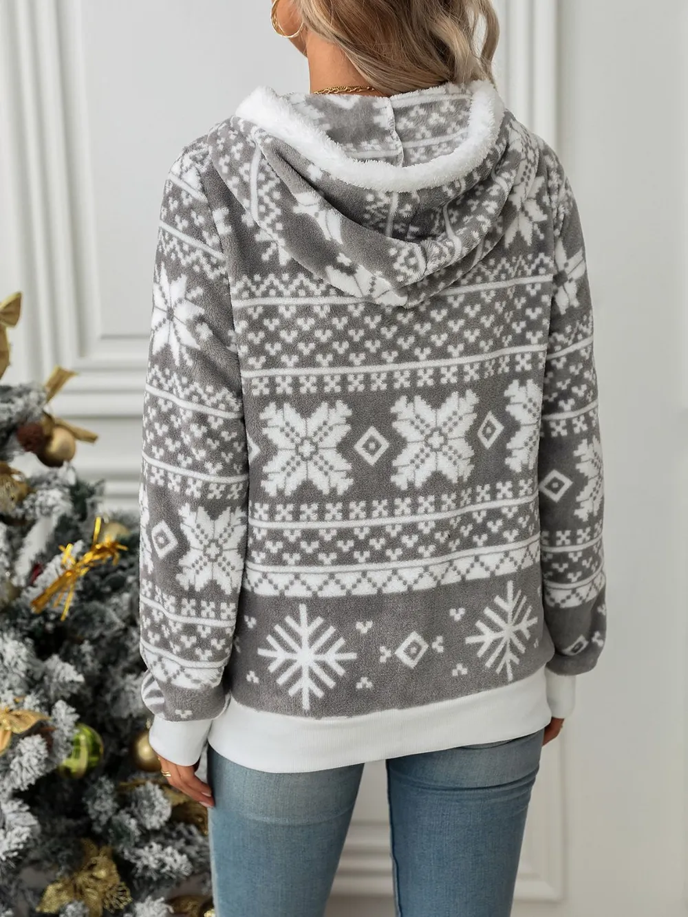 Drawstring Snowflake Zip Up Hooded Outerwear, image 3