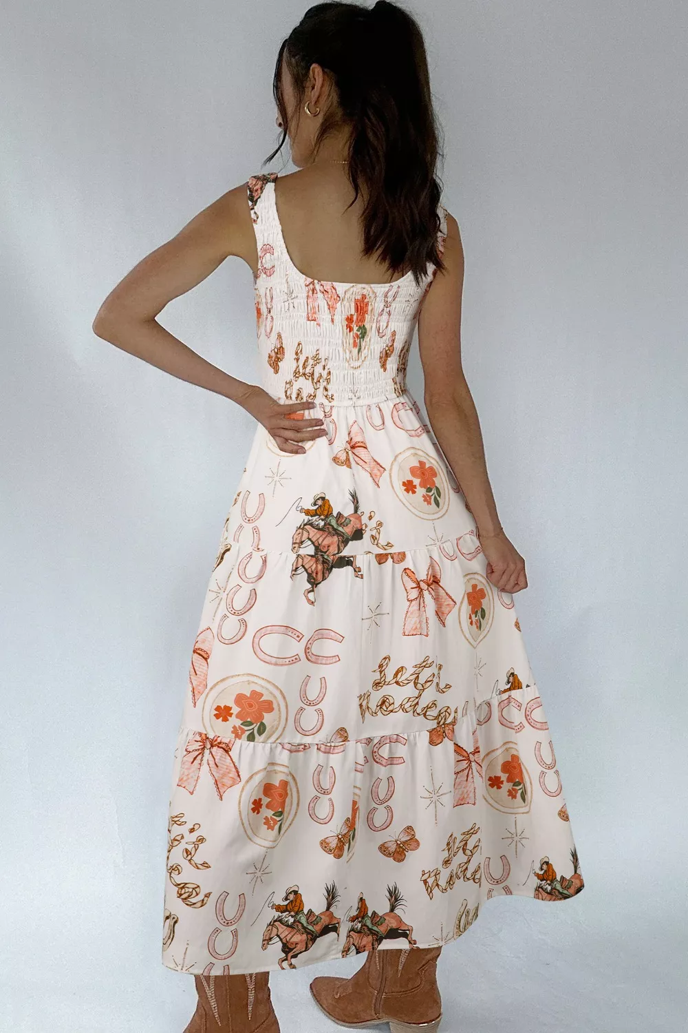 Western Horseshoe Print U-Neck Sleeveless Midi Dress, image 2