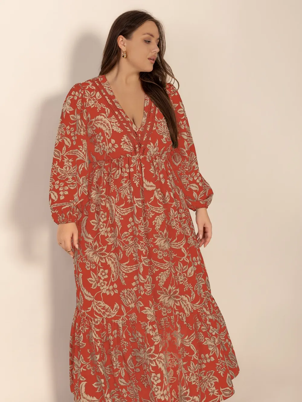 Plus Size Lace Detail Printed Balloon Sleeve Midi Dress, image 5