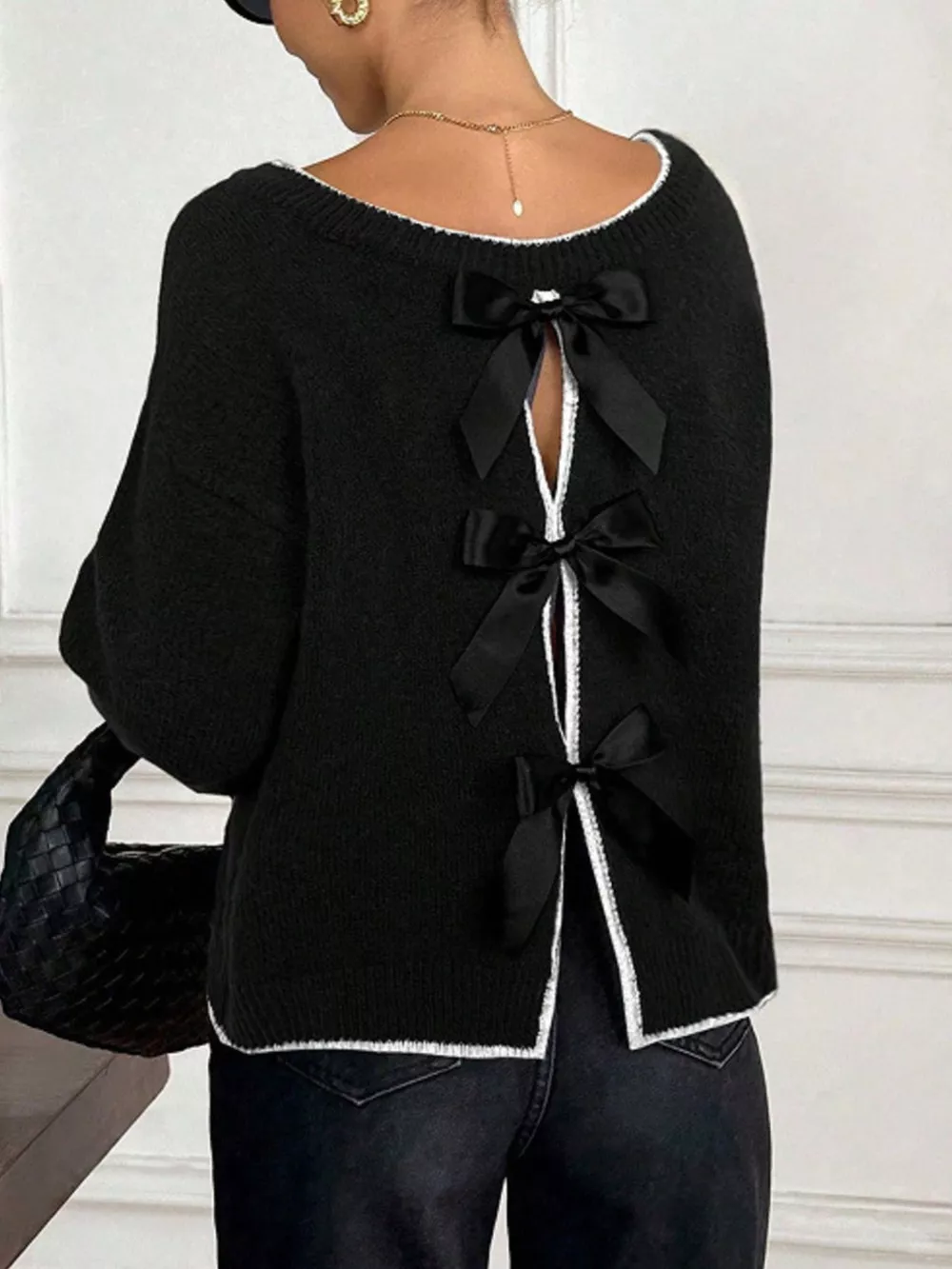 Back Bowknot Decor Round Neck Sweater, image 6