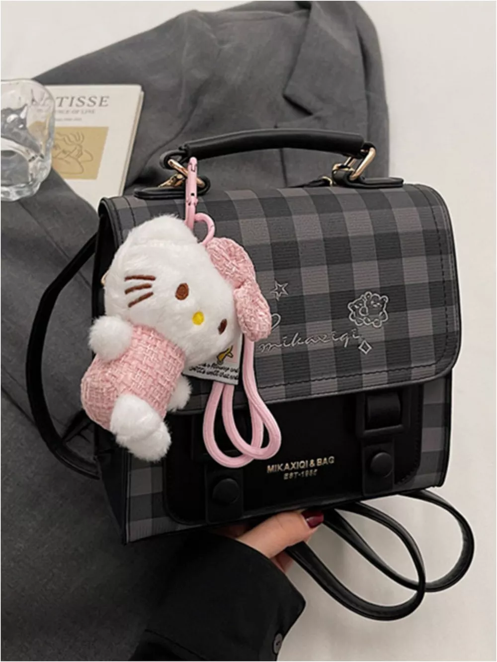 Plaid Pattern Embroidered Flap Backpack Bag, image 3