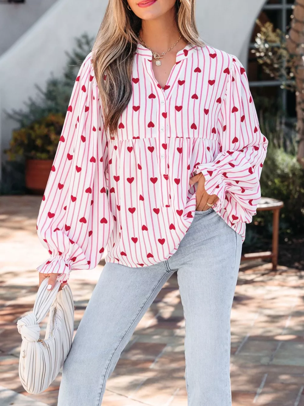 Stripe Textured Heart Print Long Flounce Sleeve Shirt