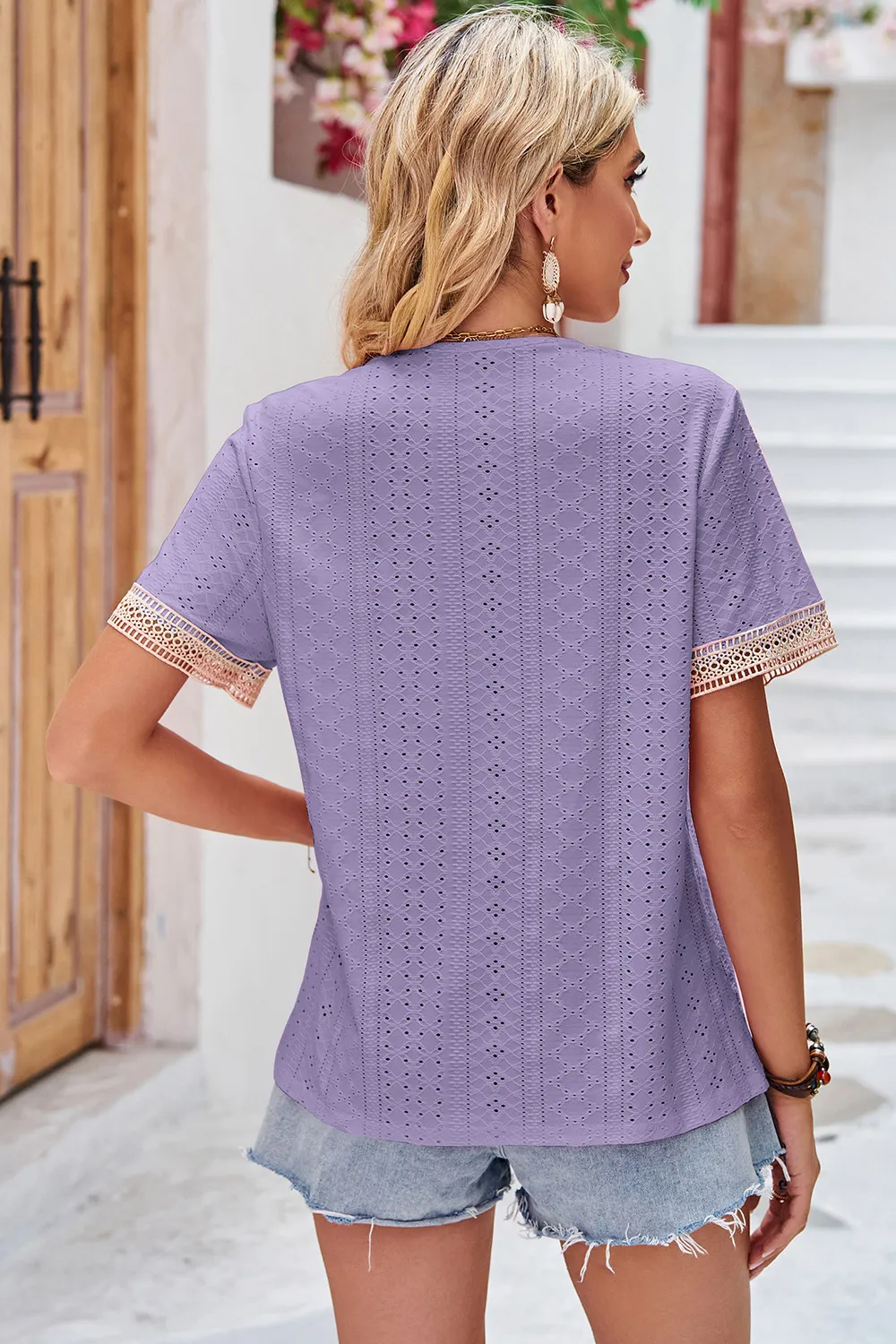 Eyelet V-Neck Short Sleeve T-Shirt, image 24