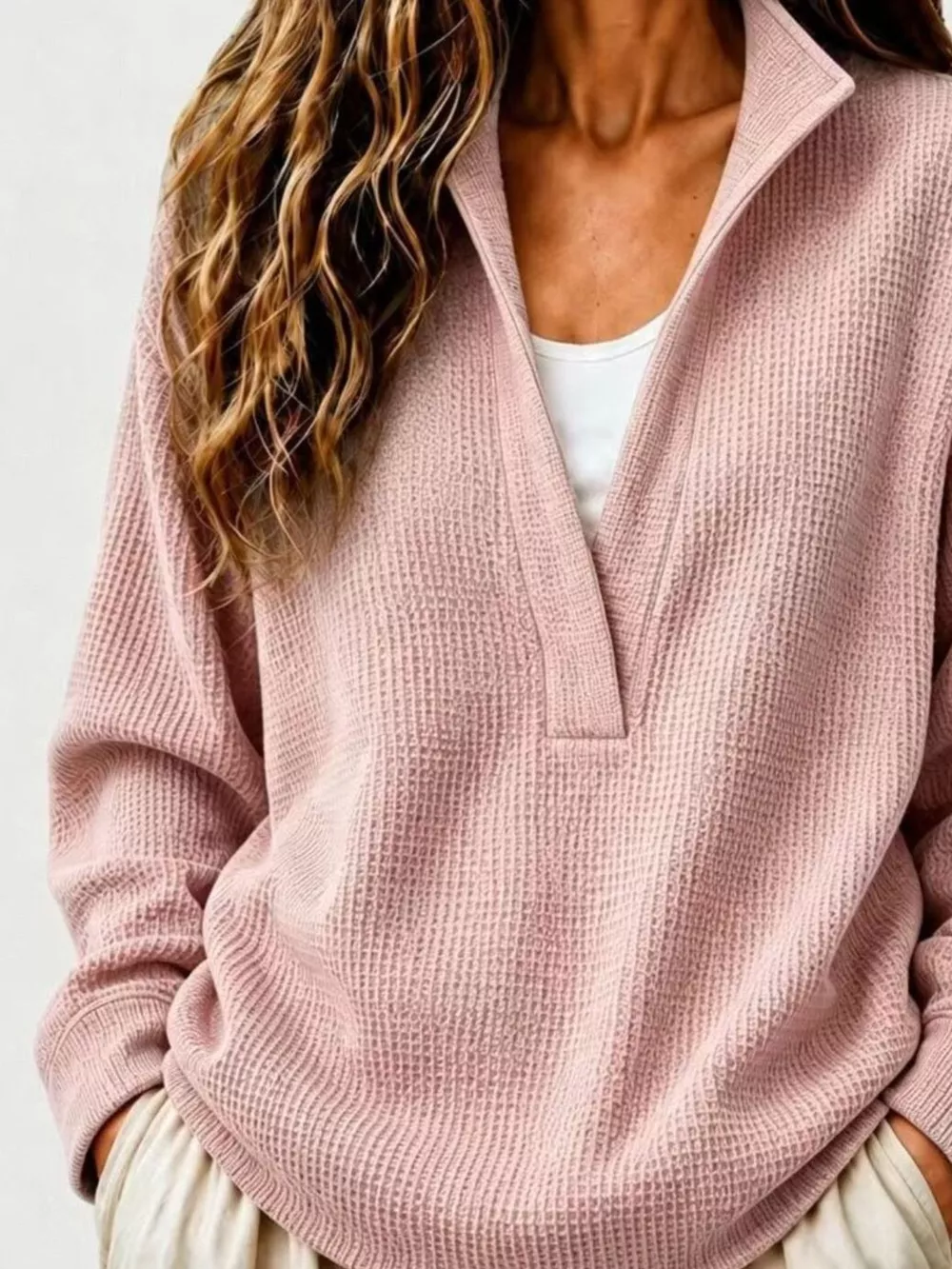 Full Size Waffle Knit Dropped Shoulder Sweatshirt Plus Size, image 7