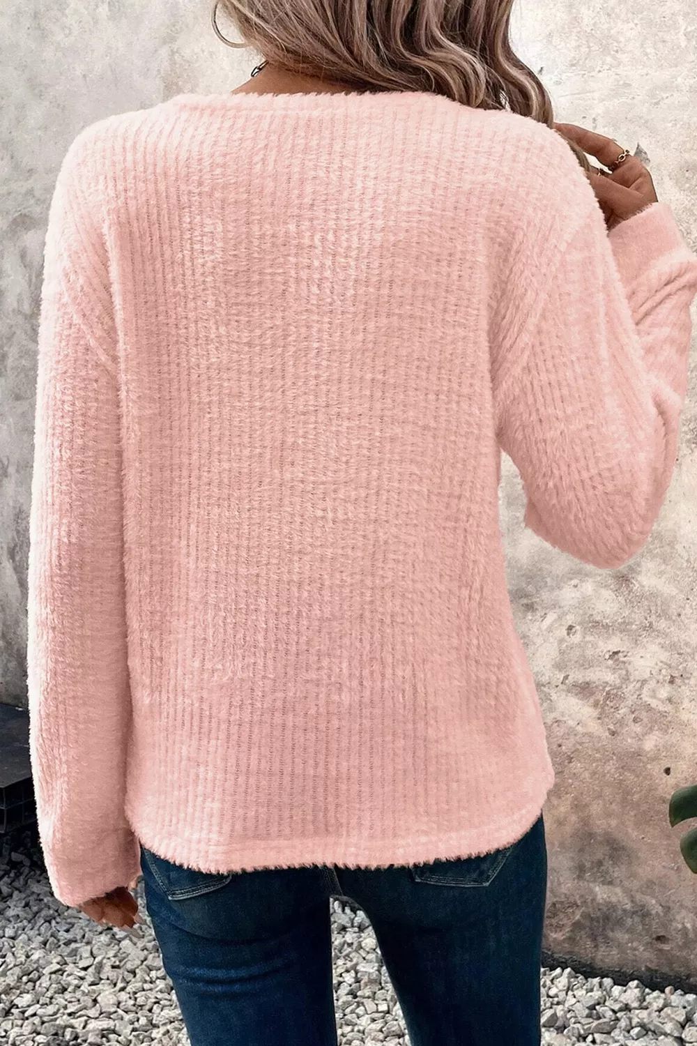 Fuzzy Ribbed Texture Round Neck Long Sleeve Top, image 2
