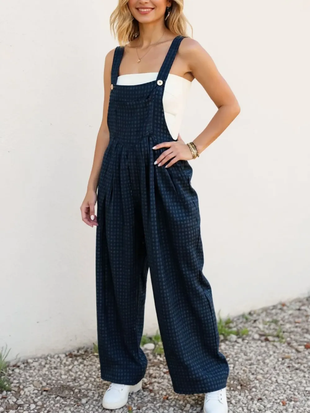 Full Size Plaid Wide Leg Overalls with Pockets, image 3